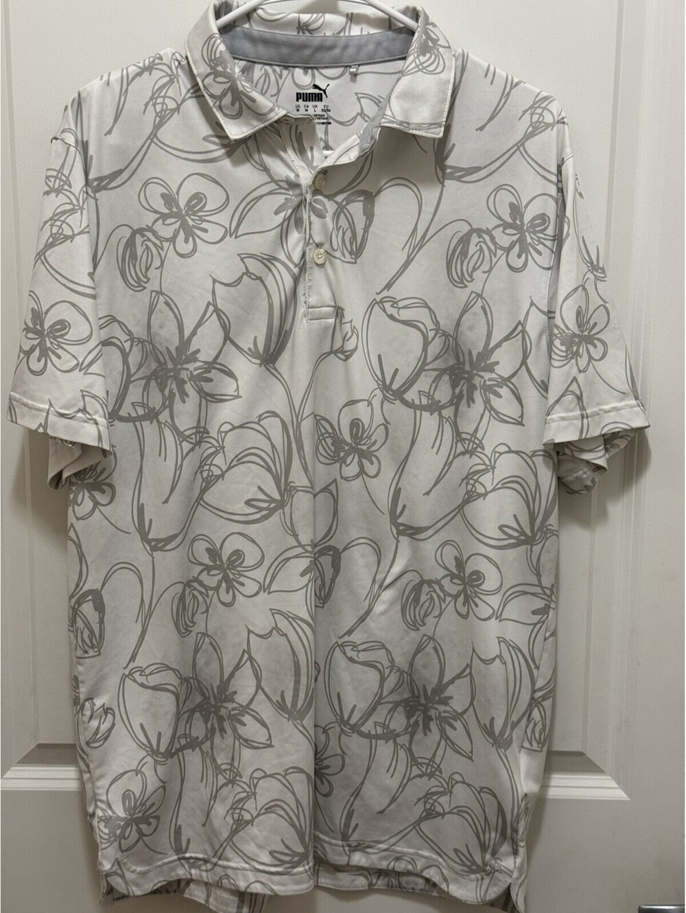 PUMA CLOUDSPUN Stems Golf Polo Mens Medium White Gray Floral Stretch Shirt